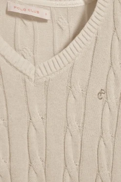 Jersey beige trenzado de escote en pico con monograma bordado