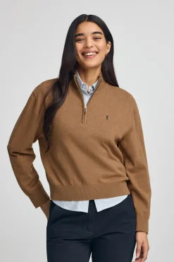 Jersey camel vigoré de mezcla de lana con cuello de media cremallera y bordado Rigby Go