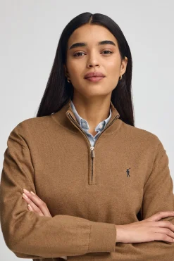 Jersey camel vigoré de mezcla de lana con cuello de media cremallera y bordado Rigby Go
