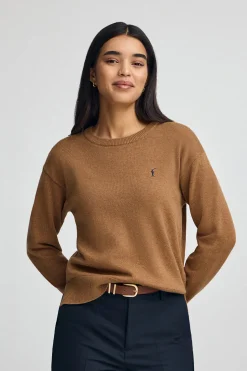 Jersey camel vigoré y cuello redondo en mezcla de lana y bordado Rigby Go