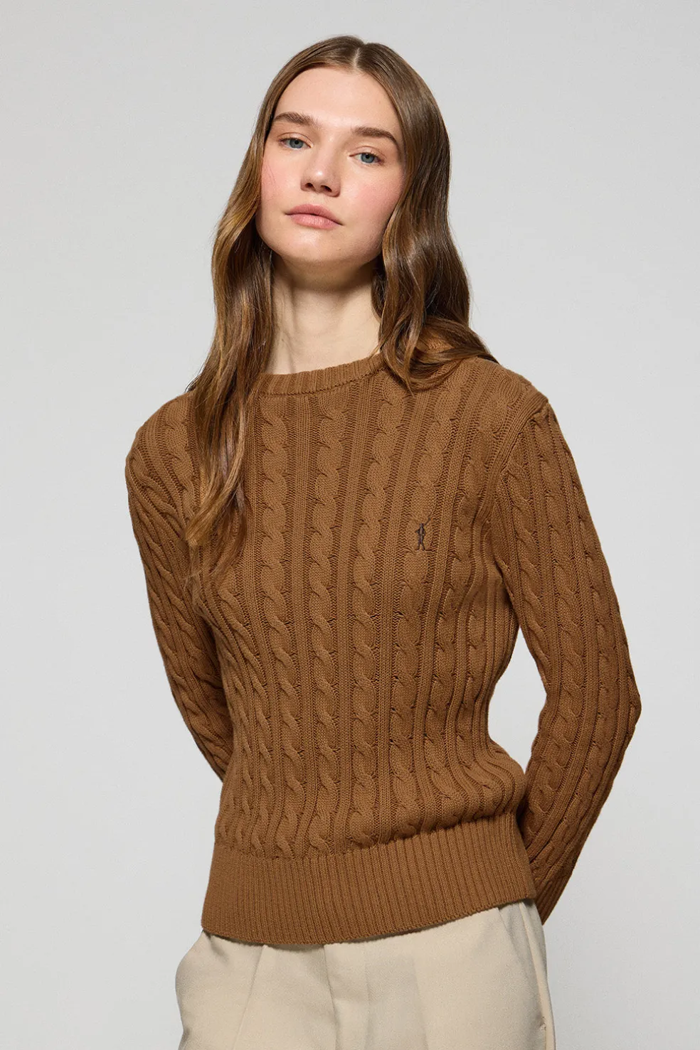 Jersey color camel trenzado de cuello redondo y bordado Rigby Go