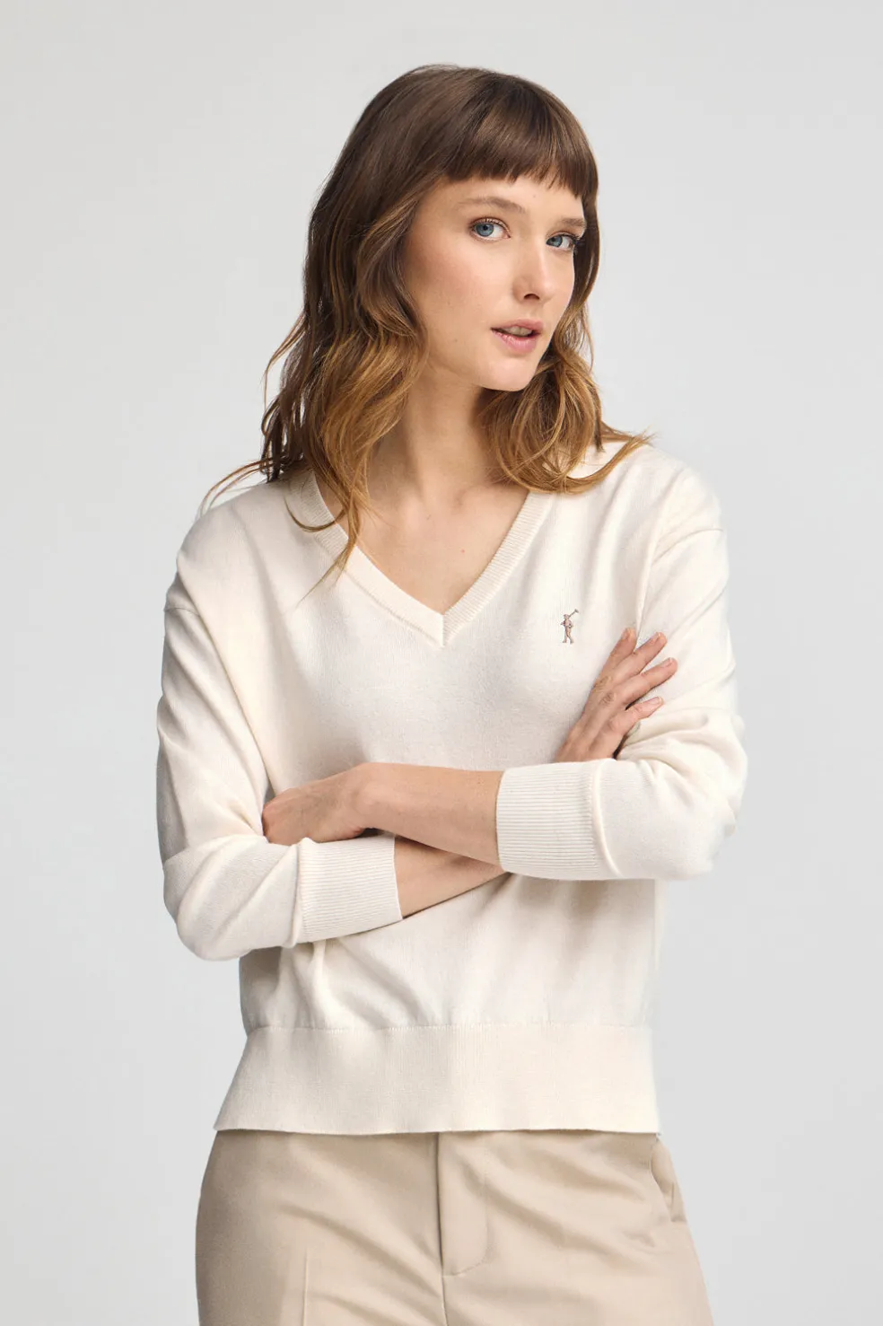 Jersey color crudo de cuello pico con mezcla de lana y bordado Rigby Go