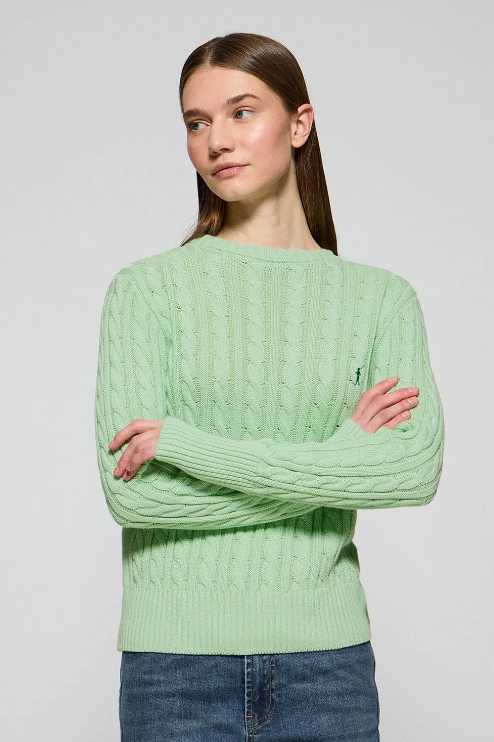 Jersey color menta trenzado de cuello redondo y bordado Rigby Go