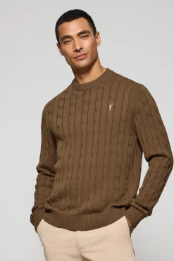 Jersey color moca de punto trenzado de cuello redondo y bordado Rigby Go