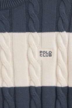 Jersey de rayas azul denim y color crudo de punto trenzado y parche Polo Club