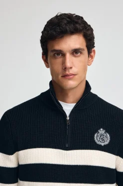 Jersey de rayas azul marino y color crudo con parche naútico Polo Club