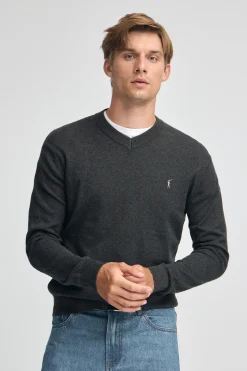 Jersey gris oscuro vigoré de cuello pico y mezcla lana con bordado Rigby Go