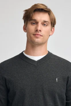 Jersey gris oscuro vigoré de cuello pico y mezcla lana con bordado Rigby Go