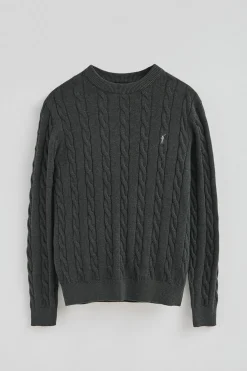 Jersey gris oscuro vigoré de punto trenzado y mezcla de lana con bordado Rigby Go