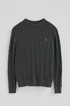 Jersey gris oscuro vigoré de punto trenzado y mezcla de lana con bordado Rigby Go