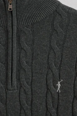Jersey gris oscuro vigoré de punto trenzado en mezcla de lana con media cremallera y bordado Rigby Go