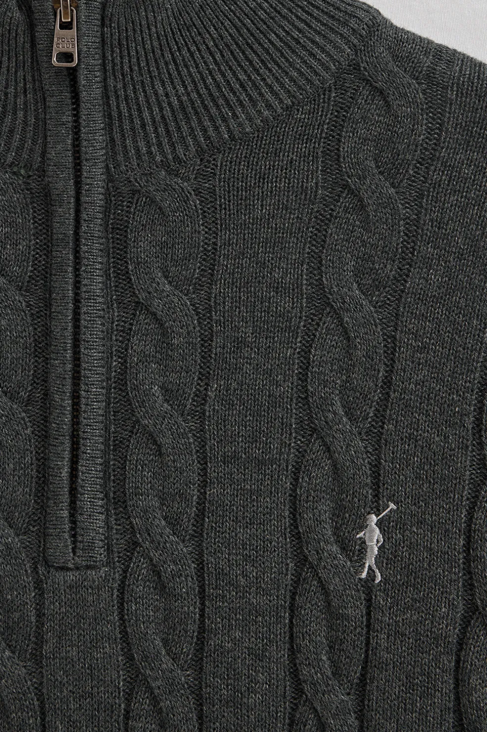 Jersey gris oscuro vigoré de punto trenzado en mezcla de lana con media cremallera y bordado Rigby Go