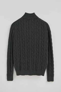 Jersey gris oscuro vigoré de punto trenzado en mezcla de lana con media cremallera y bordado Rigby Go