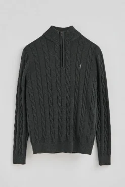 Jersey gris oscuro vigoré de punto trenzado en mezcla de lana con media cremallera y bordado Rigby Go