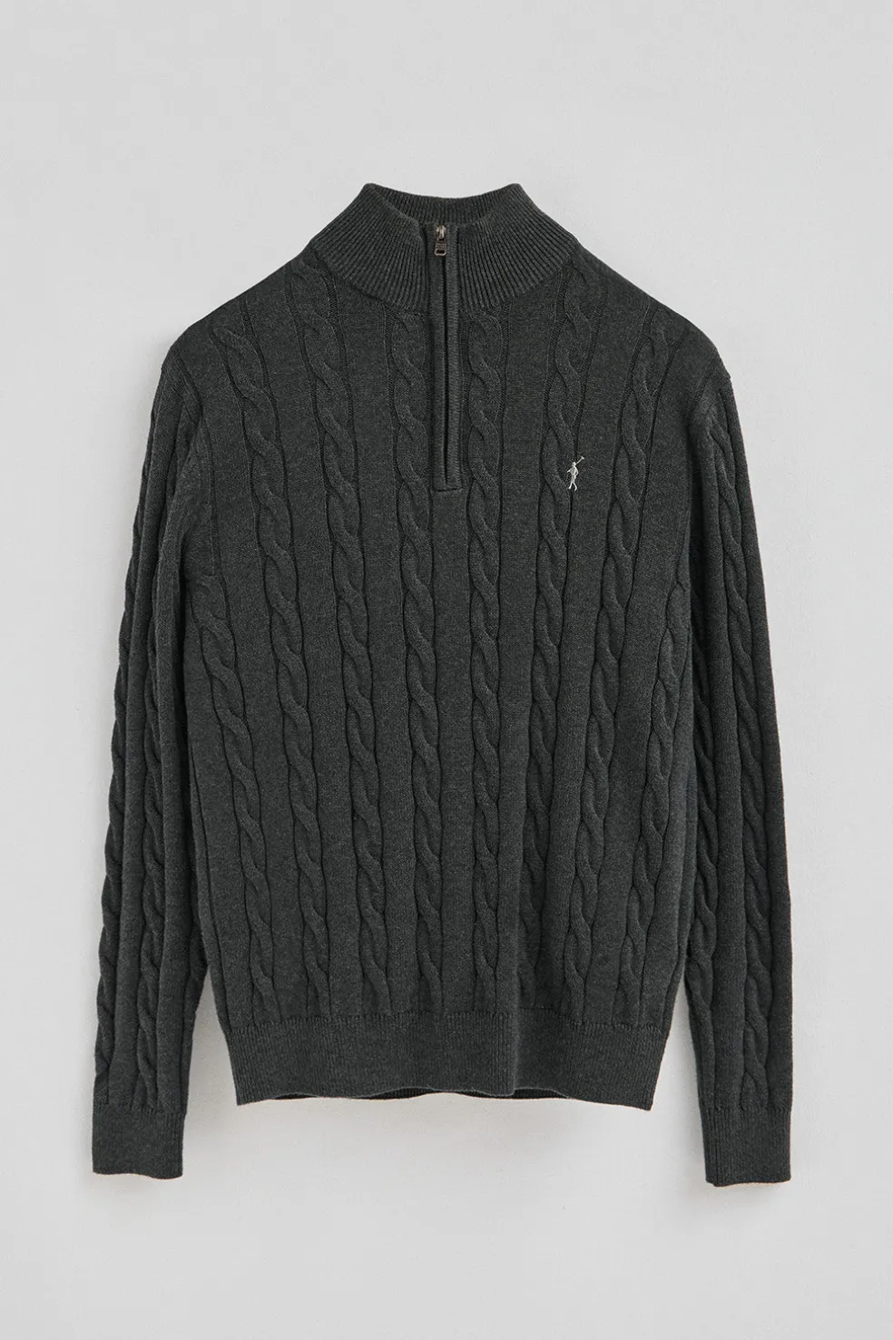Jersey gris oscuro vigoré de punto trenzado en mezcla de lana con media cremallera y bordado Rigby Go