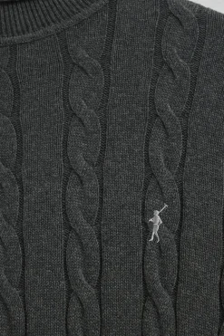 Jersey gris oscuro vigoré de cuello vuelto y punto trenzado en mezcla de lana con bordado Rigby Go