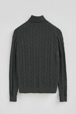 Jersey gris oscuro vigoré de cuello vuelto y punto trenzado en mezcla de lana con bordado Rigby Go