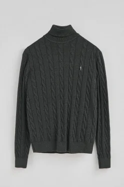 Jersey gris oscuro vigoré de cuello vuelto y punto trenzado en mezcla de lana con bordado Rigby Go