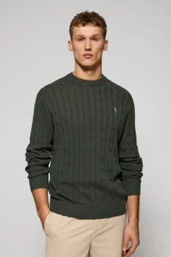 Jersey gris piedra de punto trenzado de cuello redondo y bordado Rigby Go