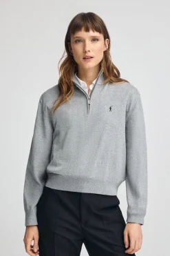 Jersey gris vigoré de mezcla de lana con cuello de media cremallera y bordado Rigby Go
