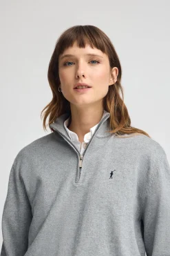 Jersey gris vigoré de mezcla de lana con cuello de media cremallera y bordado Rigby Go