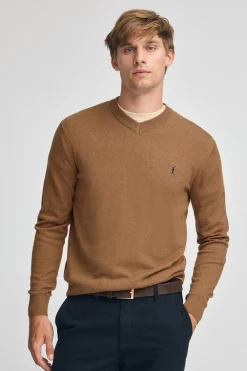 Jersey marrón vigoré de cuello pico y mezcla lana con bordado Rigby Go