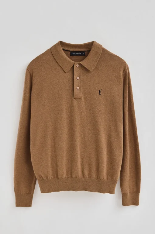 Jersey marrón vigoré de cuello polo y mezcla de lana con bordado Rigby Go