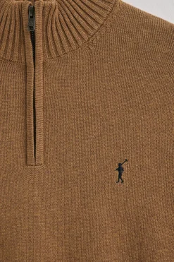 Jersey marrón vigoré de media cremallera y mezcla de lana con bordado Rigby Go