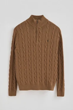 Jersey marrón vigoré de punto trenzado mezcla de lana con media cremallera y bordado Rigby Go
