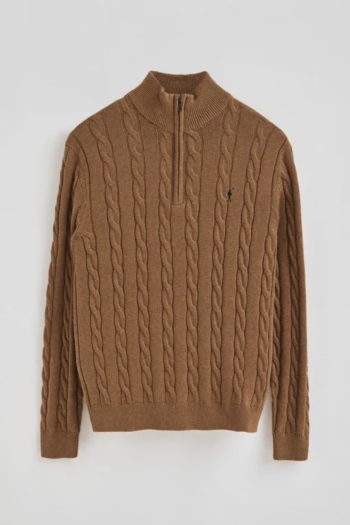 Jersey marrón vigoré de punto trenzado mezcla de lana con media cremallera y bordado Rigby Go