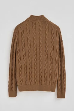 Jersey marrón vigoré de punto trenzado mezcla de lana con media cremallera y bordado Rigby Go