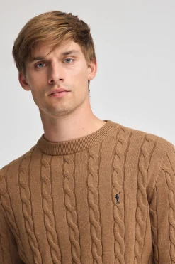 Jersey marrón vigoré de punto trenzado y mezcla de lana con bordado Rigby Go