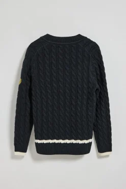 Jersey Nautic azul marino de cuello pico y parche náutico en la manga