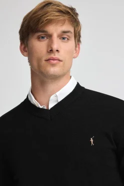 Jersey negro de cuello pico y mezcla lana con bordado Rigby Go