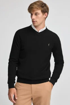 Jersey negro de cuello pico y mezcla lana con bordado Rigby Go