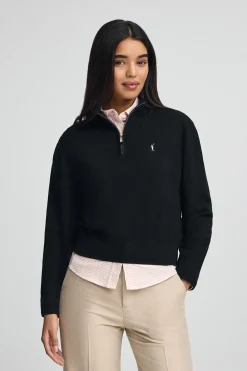 Jersey negro de mezcla de lana con cuello de media cremallera y bordado Rigby Go