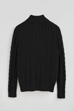 Jersey negro de punto trenzado en mezcla de lana con media cremallera y bordado Rigby Go