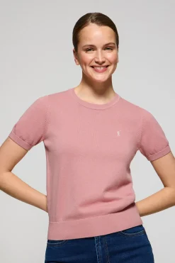 Jersey rosa empolvado de punto con cuello redondo de manga corta y bordado Rigby Go