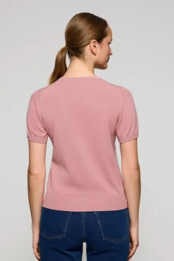 Jersey rosa empolvado de punto con cuello redondo de manga corta y bordado Rigby Go