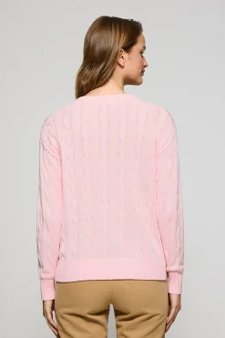 Jersey rosa trenzado de escote en pico con monograma bordado