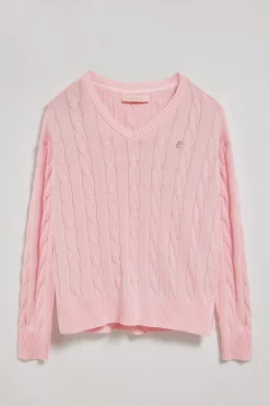 Jersey rosa trenzado de escote en pico con monograma bordado