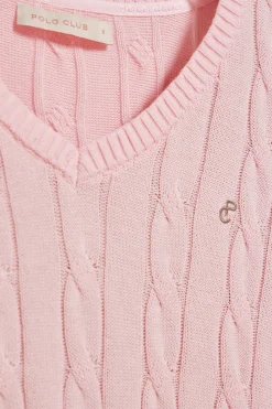 Jersey rosa trenzado de escote en pico con monograma bordado