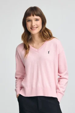 Jersey rosa vigoré de cuello pico con mezcla de lana y bordado Rigby Go