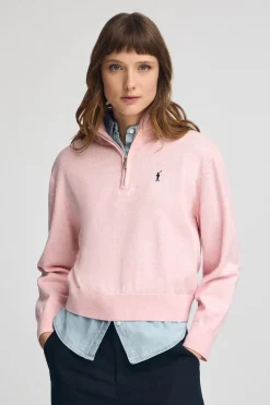 Jersey rosa vigoré de mezcla de lana con cuello de media cremallera y bordado Rigby Go