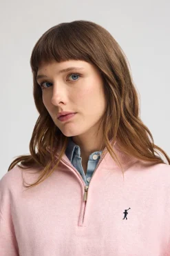 Jersey rosa vigoré de mezcla de lana con cuello de media cremallera y bordado Rigby Go