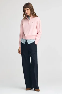 Jersey rosa vigoré de mezcla de lana con cuello de media cremallera y bordado Rigby Go