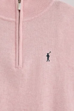Jersey rosa vigoré de mezcla de lana con cuello de media cremallera y bordado Rigby Go