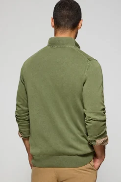 Jersey verde claro de media cremallera garment dye con logo bordado