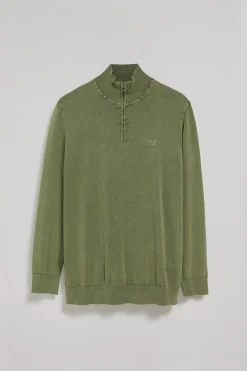 Jersey verde claro de media cremallera garment dye con logo bordado