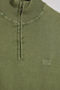 Jersey verde claro de media cremallera garment dye con logo bordado